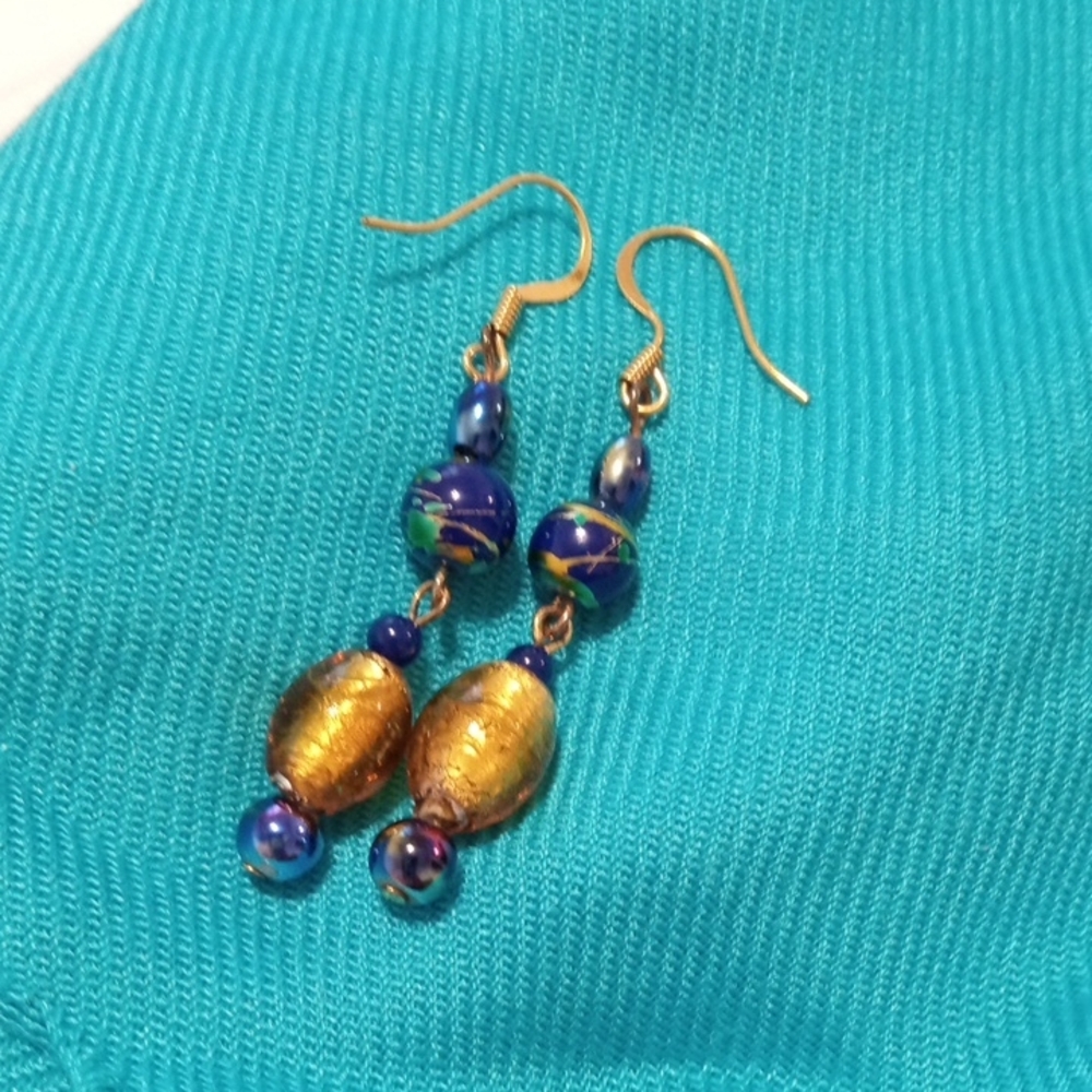 Elegant Blue and Gold Beaded Earrings